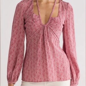 Equipment Femme Blouse Size Small Silk Red Print Cinched Waist